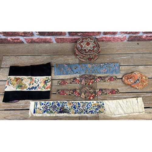 81 - Collection of mixed embroidery to include Oriental examples, Eastern hat etc (7)