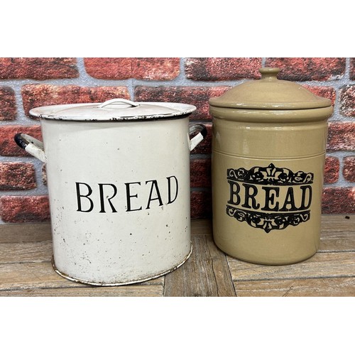 91 - Vintage enamel bread bin with further brown pottery example (2)