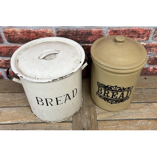 91 - Vintage enamel bread bin with further brown pottery example (2)