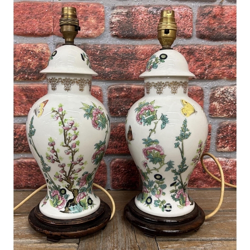 183 - Pair of vintage Chinese table lamps on wooden stands, H 38cm (2)