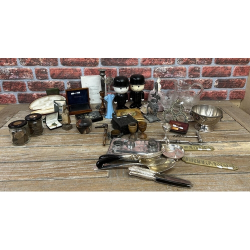 7 - Large assortment of antique and vintage collectables to include glassware, inkwell, candlesticks, Al... 