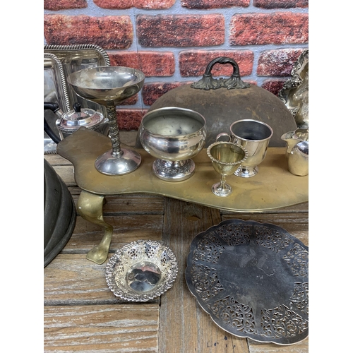 66 - Mixed lot of antique metalware to include silver plated cloches, brass trivet, trophies etc (one box... 