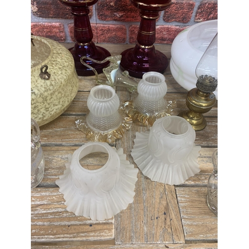 9 - Mixed assortment of vintage glass to include Art Deco fly catcher lightshades, hand painted glasses ... 