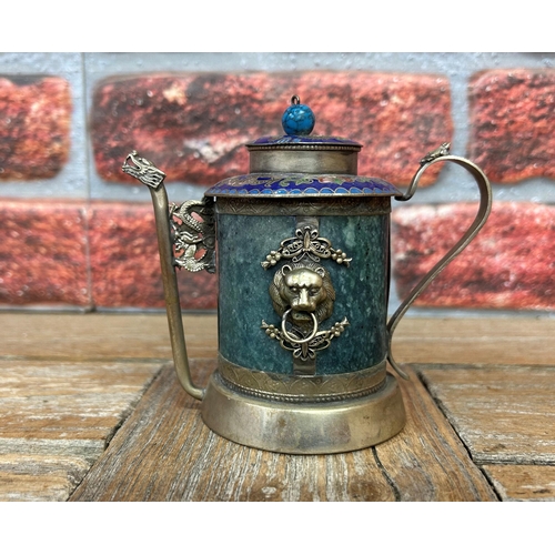 666 - Antique Indin white metal drinking vessel with enamel finish and ornate dragon and bear design