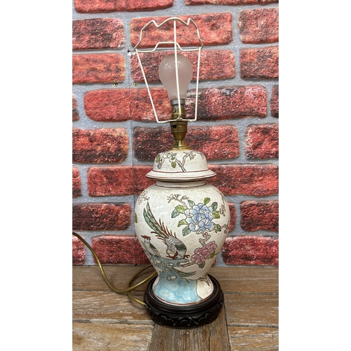 688 - Vintage converted Chinese vase table lamp with floral and exotic bird hand painted finish, H 45cm