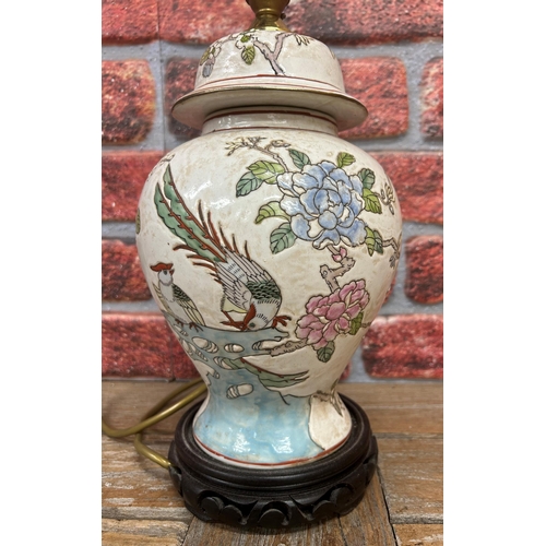 688 - Vintage converted Chinese vase table lamp with floral and exotic bird hand painted finish, H 45cm