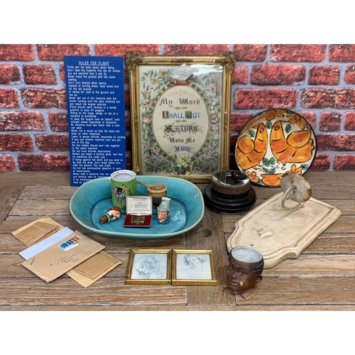 729 - Assortment of mixed antiques and collectibles to include hand painted Christian verse in frame, indu... 