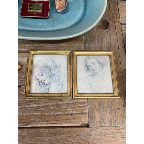 729 - Assortment of mixed antiques and collectibles to include hand painted Christian verse in frame, indu... 