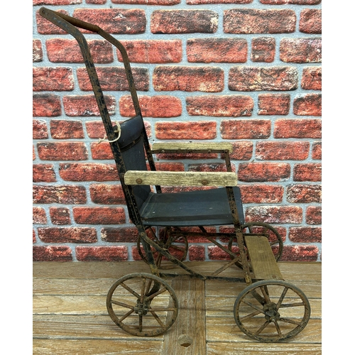 684 - Victorian cast iron and leather baby pram