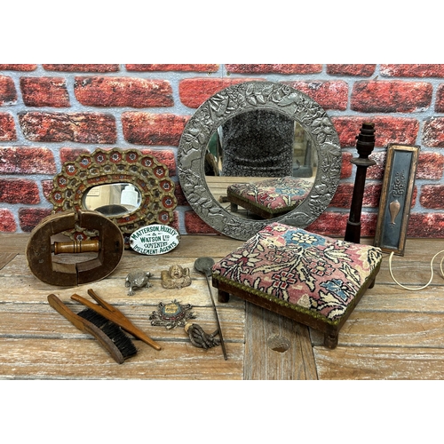 720 - Mixed antique and collectibles lot to include mirrors, enamel plaque, footstool etc