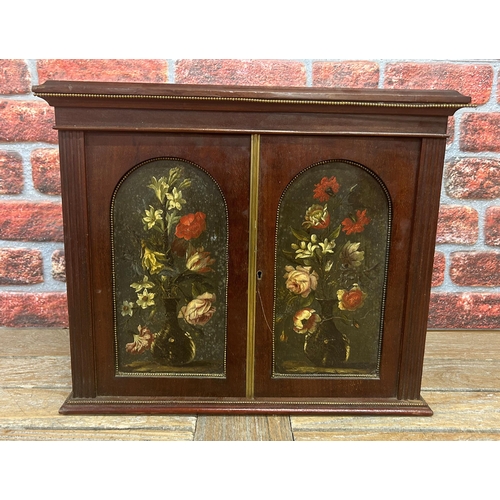 756 - Antique collectors specimin cabinet with hand painted floral panel front, 50cm x 41cm x 30cm