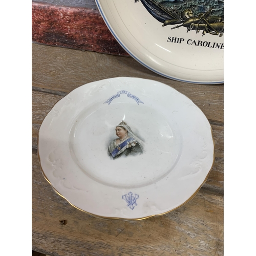 764 - Mixed quantity of commemorative antique plates to include Georgian transfer ware and coronation exam... 