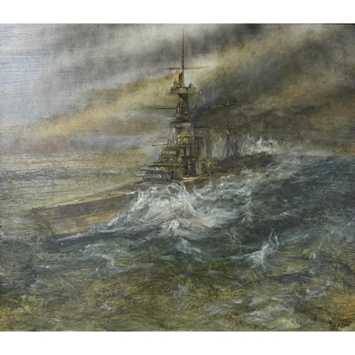 3061 - Ted Gray (20th century) H.M.S Hood in rough waters, signed, oil on board, 72cm x 59cm, framed