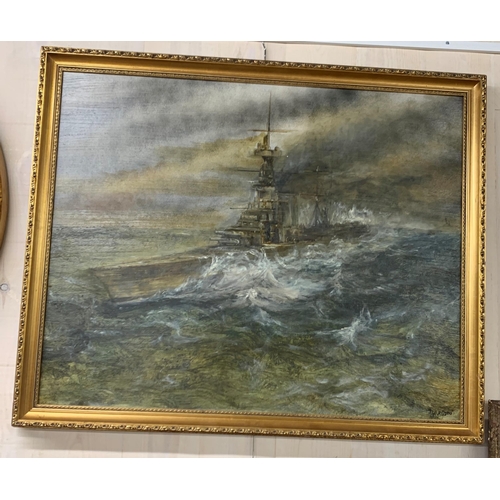 3061 - Ted Gray (20th century) H.M.S Hood in rough waters, signed, oil on board, 72cm x 59cm, framed