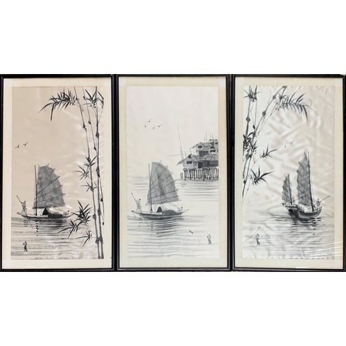 3079 - Three vintage hand painted Chinese silks of jumps, 48cm x 30cm (3)