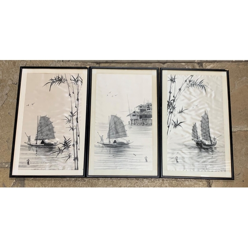 3079 - Three vintage hand painted Chinese silks of jumps, 48cm x 30cm (3)