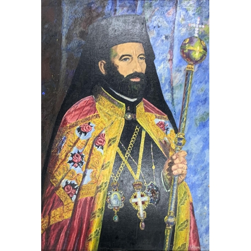 3083 - 20th century Continental school - portrait of Cypriot priest, signed J Quantin, oil on board, 90cm x... 