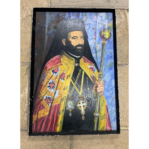 3083 - 20th century Continental school - portrait of Cypriot priest, signed J Quantin, oil on board, 90cm x... 