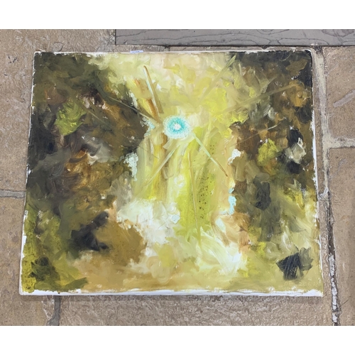 3108 - Mid Century British School - Abstract sunburst landscape, monogrammed AE and dated '72, oil on canva... 