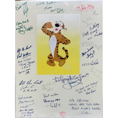 3110 - Walt Disney's Tigger from Winnie The Pooh animation cell, signed Jimbo and dated 1994, the frame mou... 