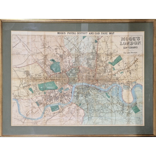 3081 - Framed 19th century 'Mogg's Postal District and Cab Fare Map', London, 98cm x 76cm