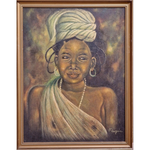 3107 - 20th century African school - Attractive tribal lady, signed 'Manda', oil on board, 59cm x 44cm, fra... 