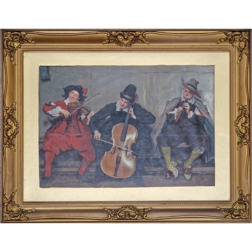 3117 - After Seymour Lucas - three musicians, colour print, 26 x 40cm