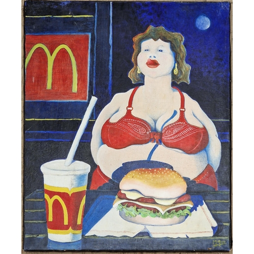 3120 - Late 20th century school - humorous portrait of a fuller lady in bra eating McDonalds, monogrammed M... 