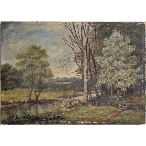 3060 - 19th century English school - rural river scene, unsigned, oil on canvas, 36cm x 25cm, unframed