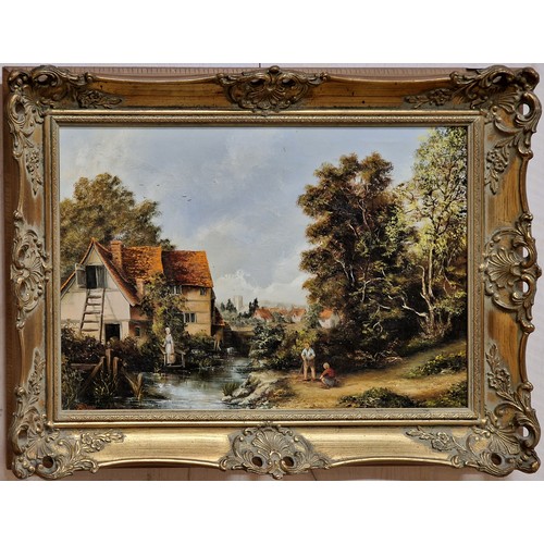 3075 - 20th century English school - rural cottage and river scene, unsigned, rococo gilt frame, 59cm x 39c... 