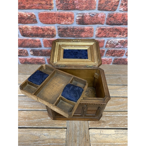 532 - Victorian Gothic revival oak work box jewellery box, with silk lining and inner compartments,  W32cm... 