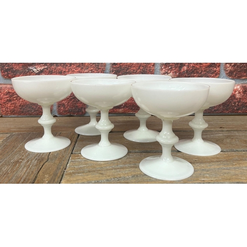 431 - Suite of six Portieux Vallerysthal opaline champagne saucers, H 11cm x D 9.5cm