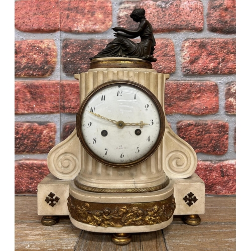 301 - French carved marble mantle clock with snake hands and impressive bronze finial top, H 38cm