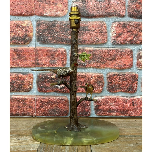 1391 - Cold painted bronze pheasants in a tree table lamp with onyx base, H 35cm