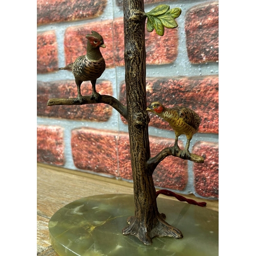 1391 - Cold painted bronze pheasants in a tree table lamp with onyx base, H 35cm