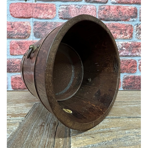 536 - Antique R.A Lister oak and copper banded coal bucket with interior liner, H 23cm x D 26cm