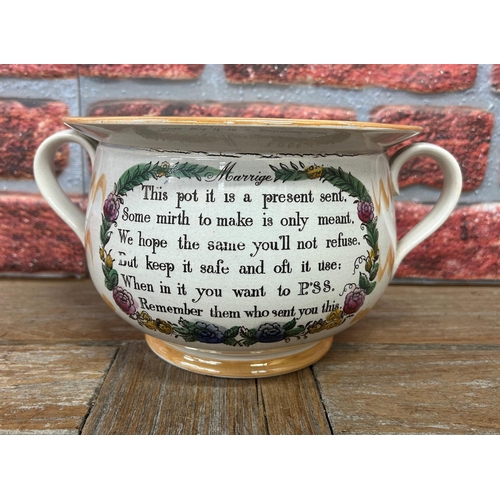 448 - Victorian Sunderland lustre motto chamber pot, interior printed with a comical scene of an astonishe... 