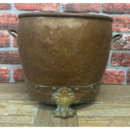 503 - Victorian copper coal bucket with lion paw and twin handled brass finish, H 32cm x D 34cm