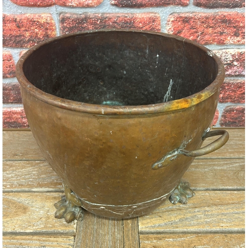 503 - Victorian copper coal bucket with lion paw and twin handled brass finish, H 32cm x D 34cm