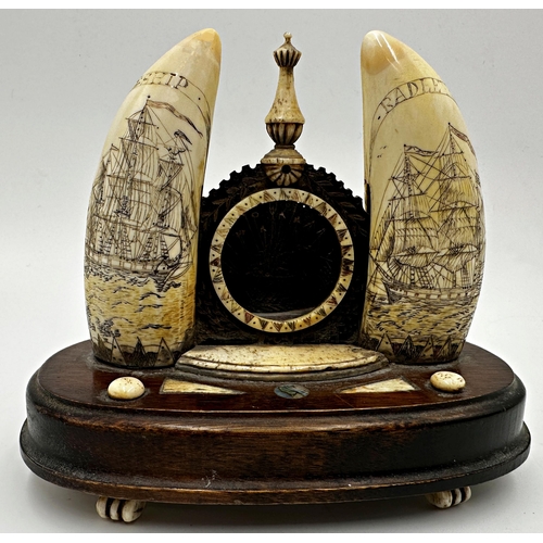 276 - Impressive novelty early American scrimshaw pocket watch stand, each scrimshaw engraved with two shi... 