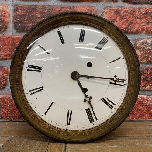 304 - A late 19th century antique cased station wall clock, with brass movement, indistinguishable makers ... 