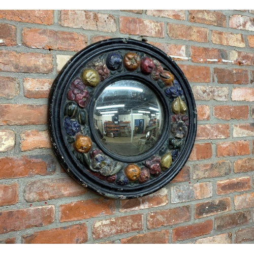 1422 - Unusual good large Barbola convex wall mirror, with original pitted glass, 64cm diameter