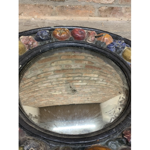 1422 - Unusual good large Barbola convex wall mirror, with original pitted glass, 64cm diameter