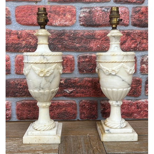 1393 - Pair of antique carved alabaster urn styled table lamps, H 40cm