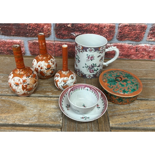 353 - Mixed quantity of antique Chinese export ceramics to include floral tankard with dragon styled handl... 