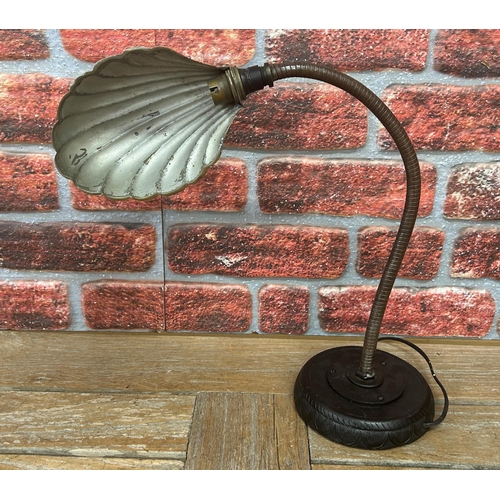 1395 - Art Deco goose neck table lamp with scallop shell light shade