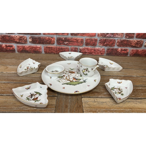 452 - Herend floral and bird design hand painted ceramic fondue set, D 37cm