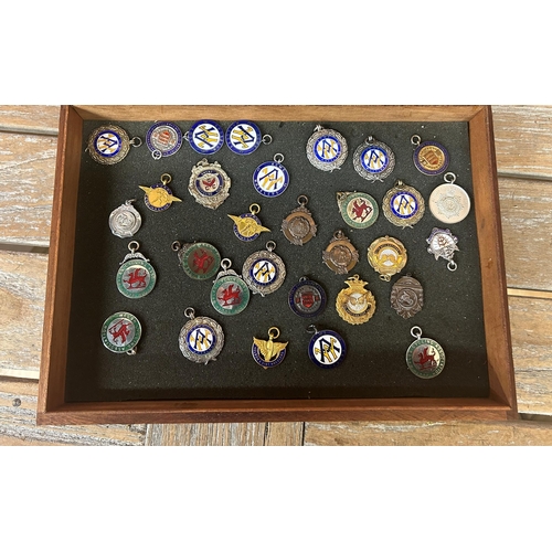 246 - Assortment of vintage cycling medals, mostly silver, held in wooden display case