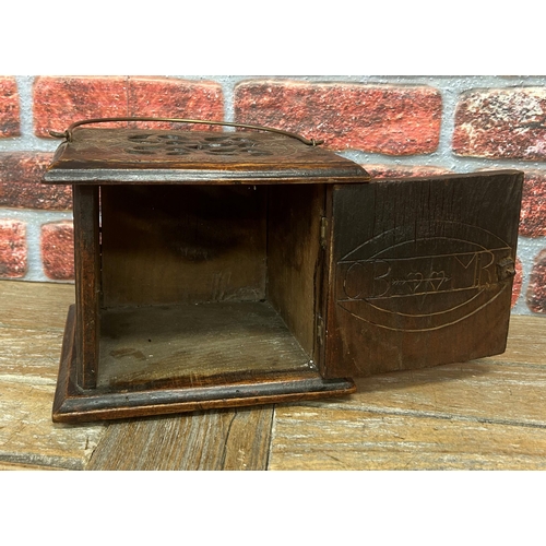 540 - Early Georgian oak scent box with carved panel finish and clenched fist brass handle, 24cm x 20cm x ... 