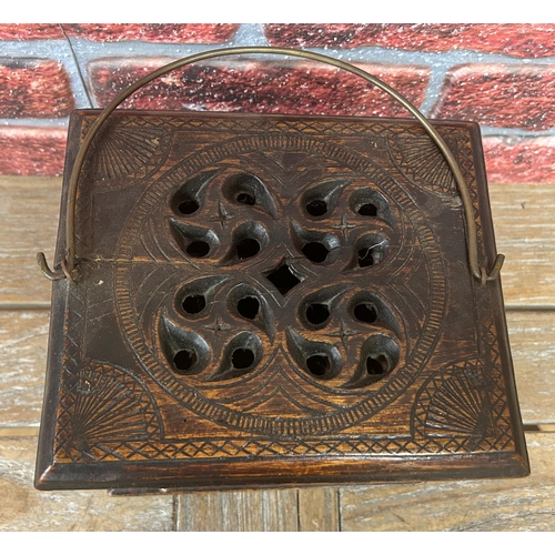 540 - Early Georgian oak scent box with carved panel finish and clenched fist brass handle, 24cm x 20cm x ... 